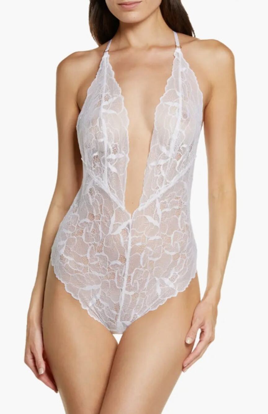 SUZY BLACK Coco Lingerie Bodysuit XL White Lace Plunge V-Neck Adjust T-Back NWOT